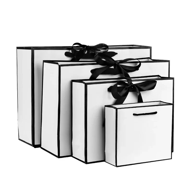 White Paper Gift Boxes with Black Border 1-50 Pieces Portable Tote Bags with Bow Ribbon for Dinner Party Supplies