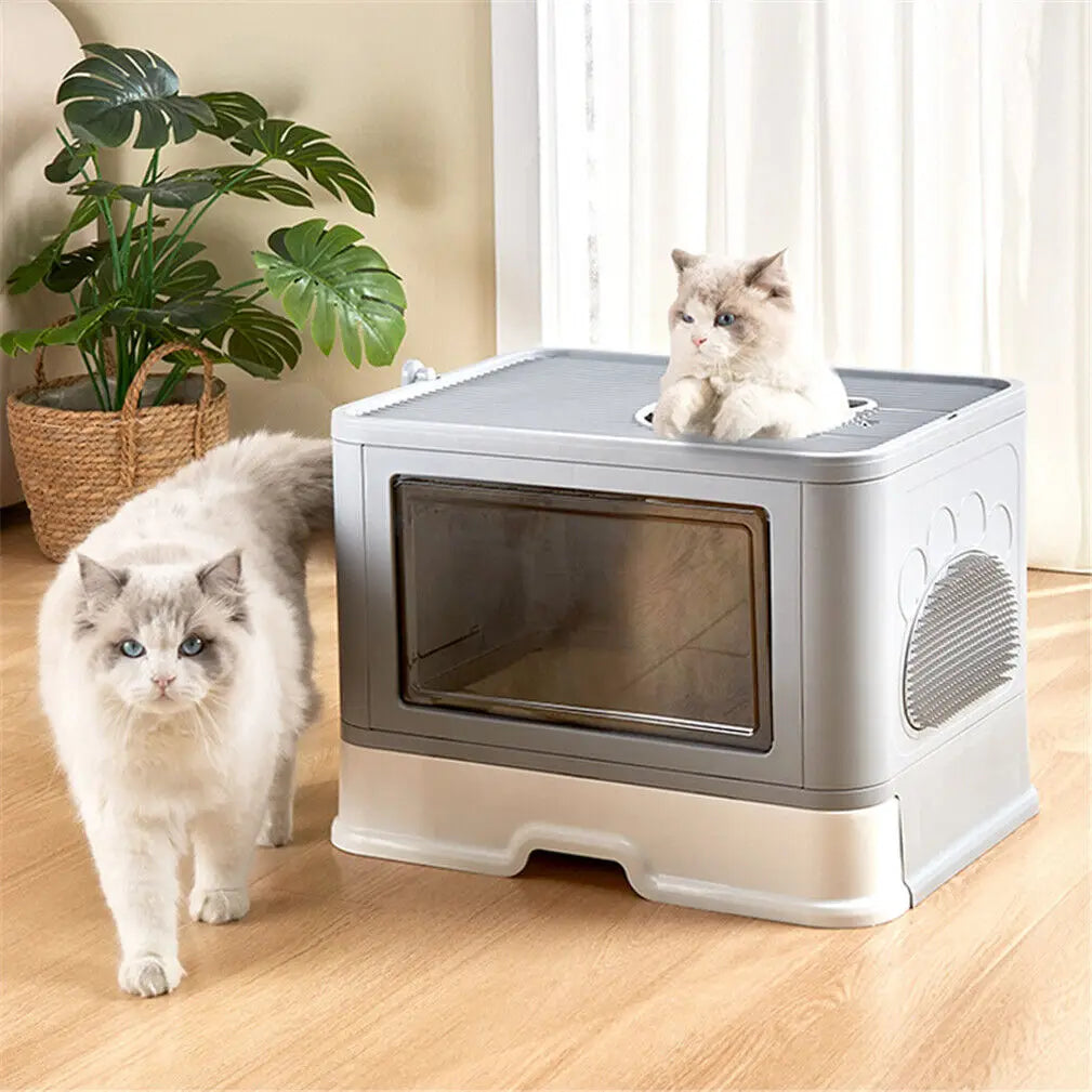 Foldable Cat Litter Box with Massager Scoop and Dual Access