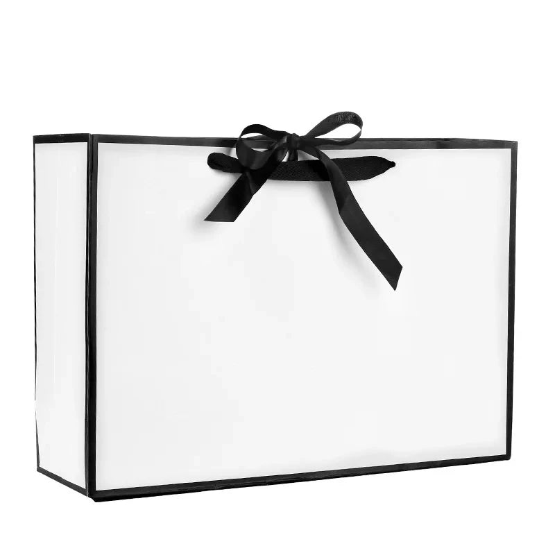 White Paper Gift Boxes with Black Border 1-50 Pieces Portable Tote Bags with Bow Ribbon for Dinner Party Supplies
