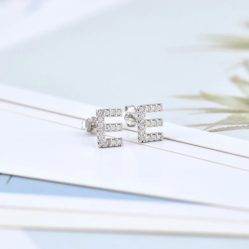 Simple Metal 925 Sterling Silver Letter Earrings with Zircon