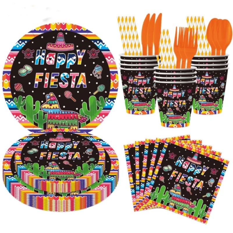 Fiesta-themed party supplies including plates, cups, and utensils with 'Happy Fiesta' text.