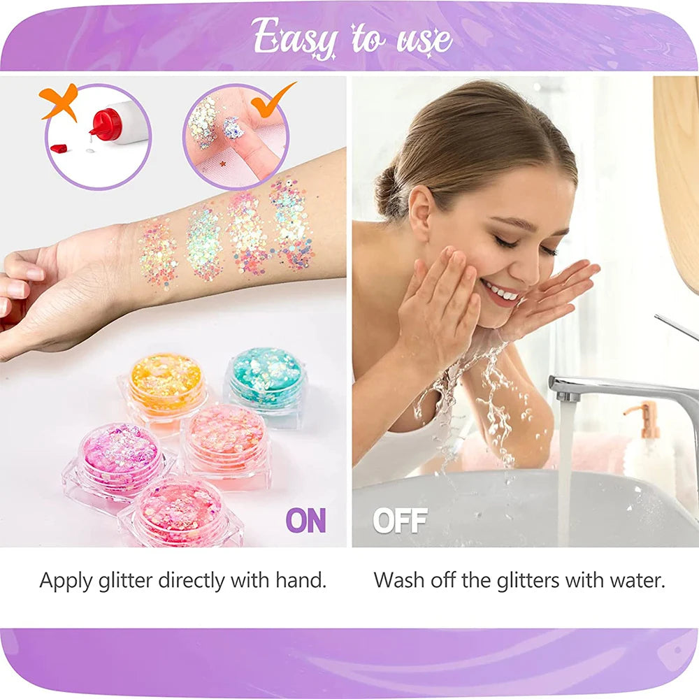 12 Colors Glow in The Dark Glitter Gel Makeup for Festivals and Parties UV Body and Face Glitter