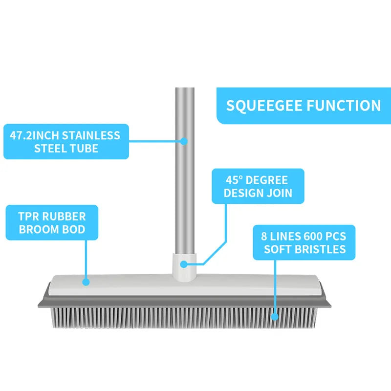 Rubber Broom with Long Handle for Pet Hair Removal Non Scratch Floor Brush for Carpet and Hard Surface Cleaning