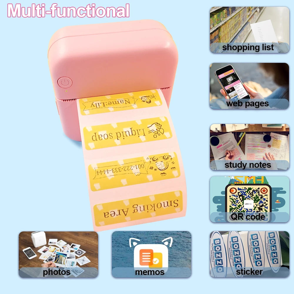Portable Mini Thermal Printer Wirelessly BT 203dpi Photo Label Memo Printing with USB Cable