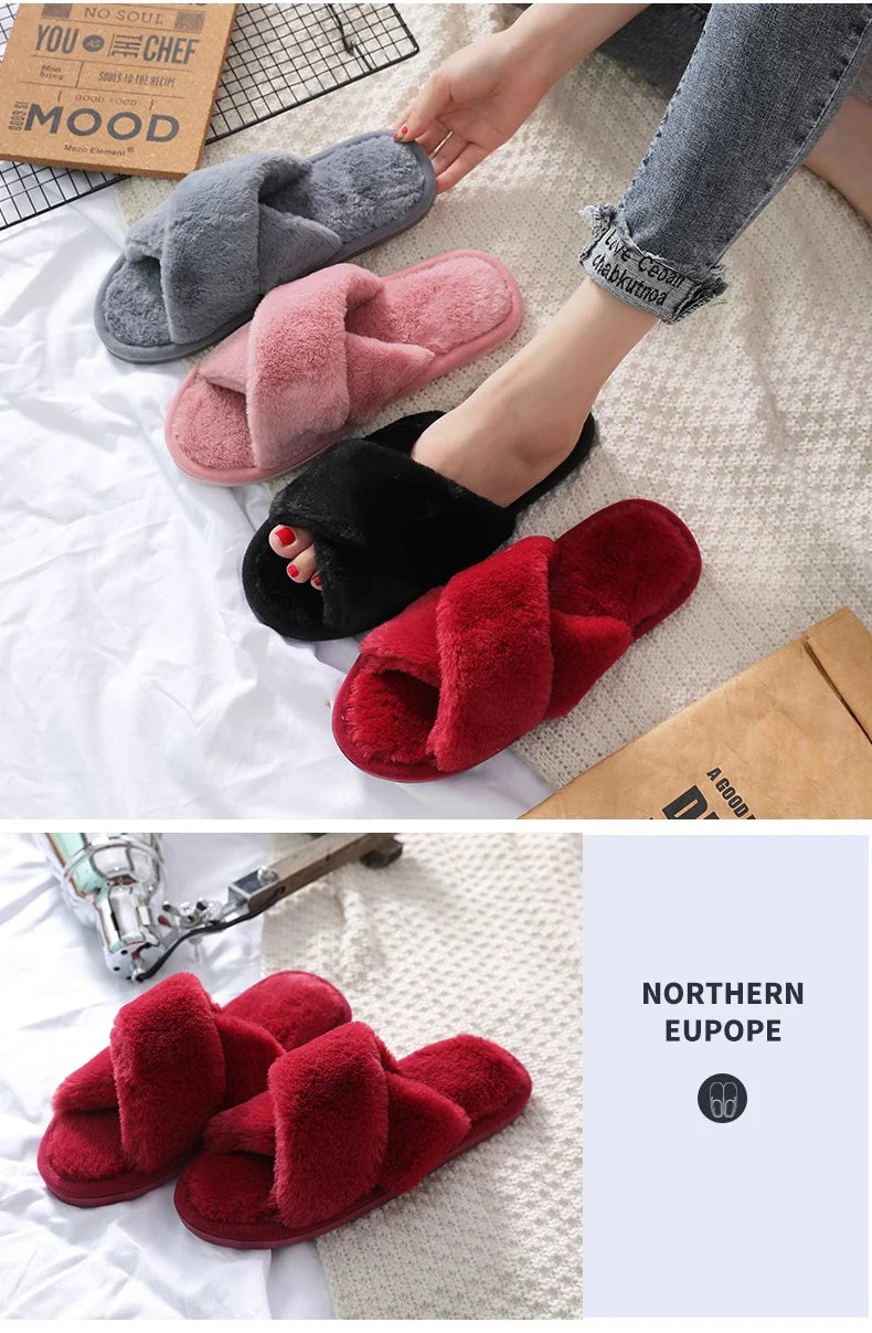 Winter Cross Imitation Rabbit Fur Slippers for Women