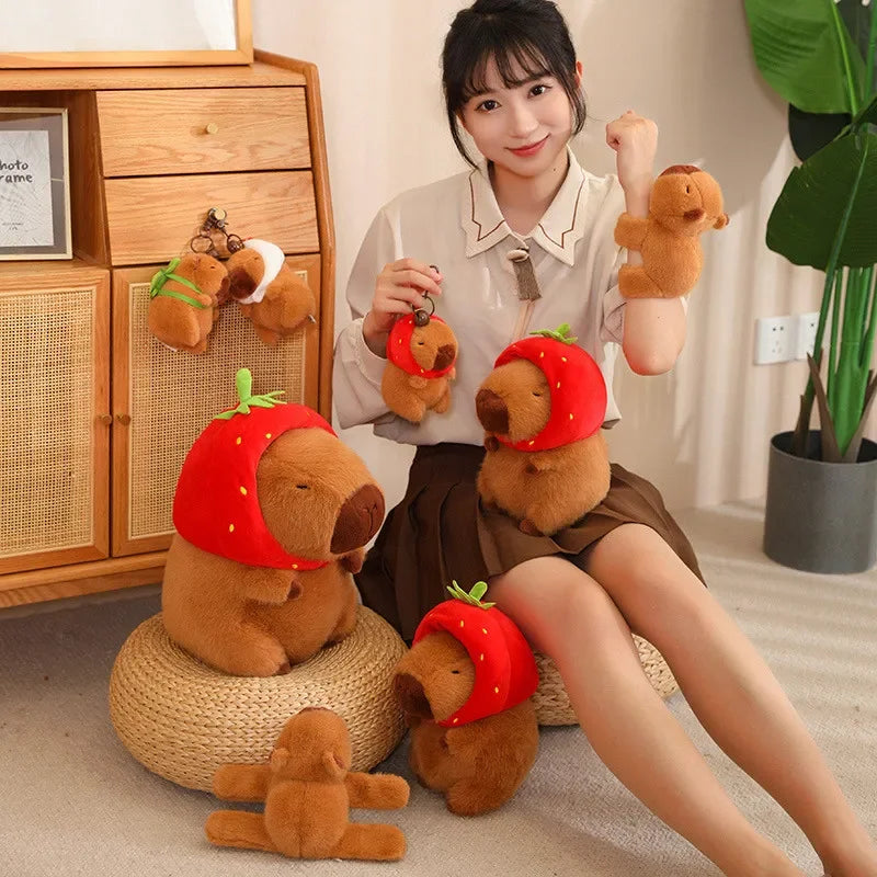 Strawberry Hat Capybara Plush Toy with Turtle Backpack Pendant