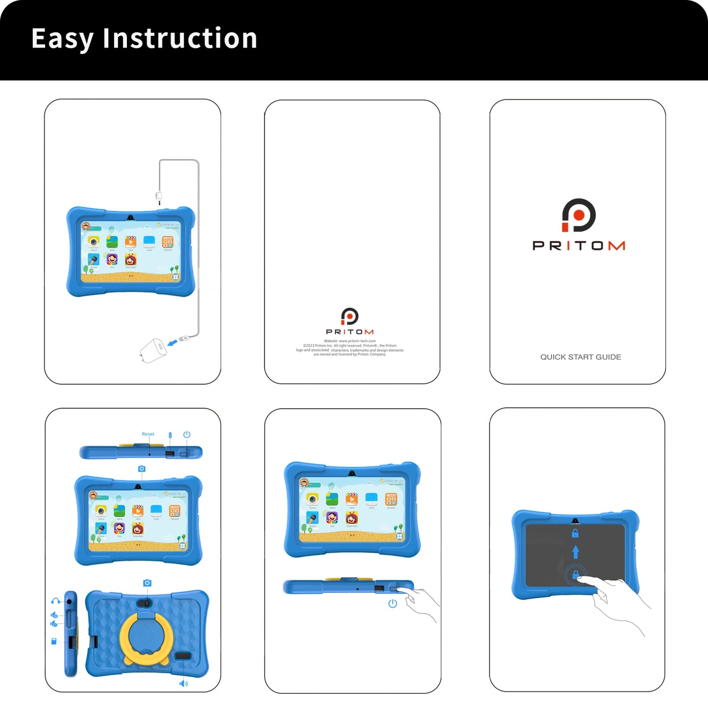 Tableta PRITOM para niños, 7 pulgadas, Android 11, 32 GB, WiFi, Bluetooth, cámara dual, software educativo instalado con estuche de prueba