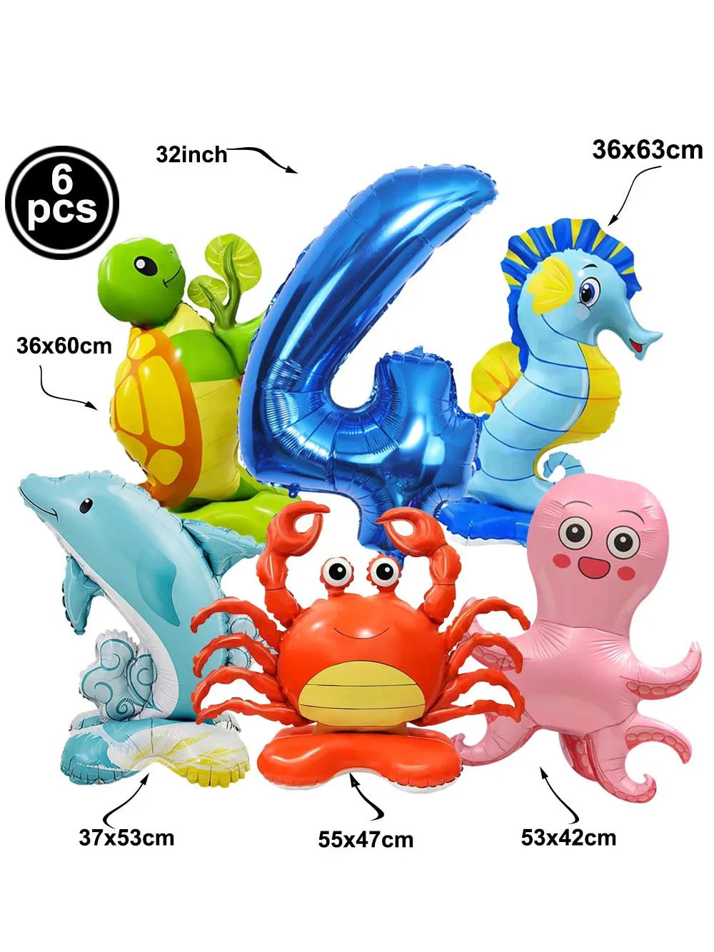 4th Birthday Sea Animal Decoration Blue Foil Balloon 32inch