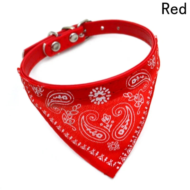 Adjustable cat and dog bandana collar PU pet neck scarf with printed triangle scarf