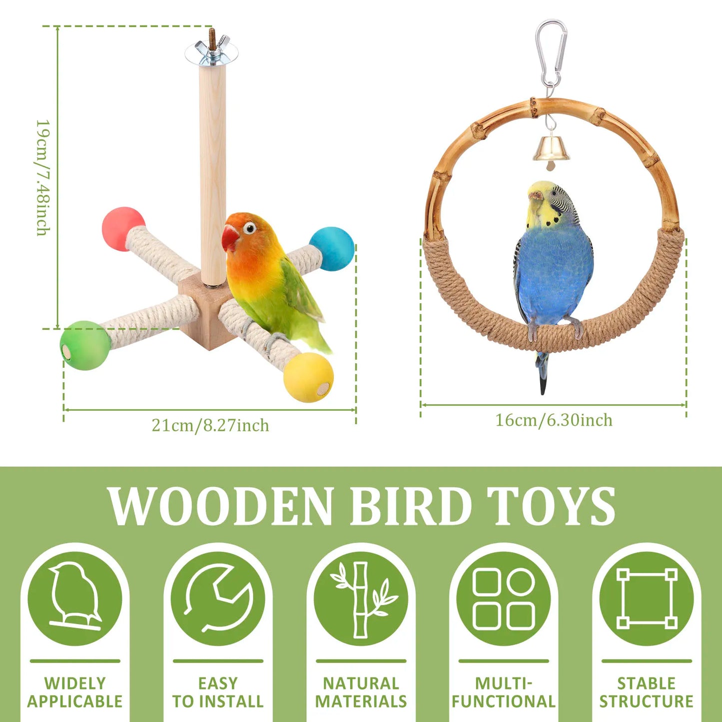 2Pcs Bird Standing Toy Set 360° Rotatable & Bell Wooden Interactive Spinning Parakeet Toys for Bird Cage Accessories NEW