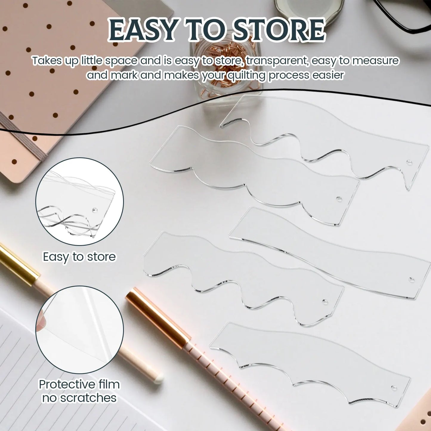 Wave Edge Quilting Ruler Set with 6 Acrylic Templates for Creative Free Motion Sewing - 5 or 10 Pieces