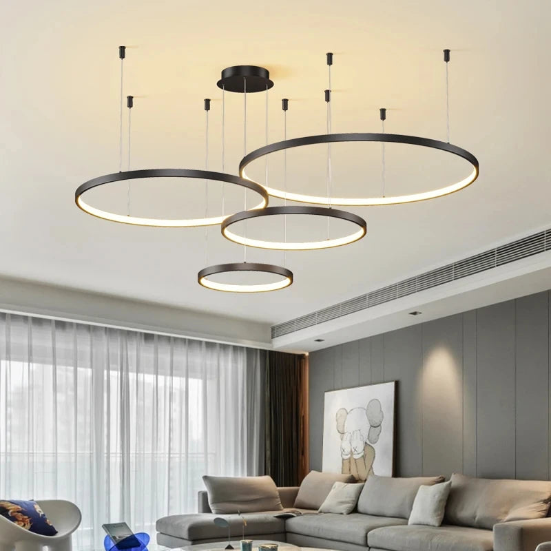 Black Rings Modern Minimalist Dimmable Pendant Light for Living Room and Restaurant Remote Control Chandelier Home Decor