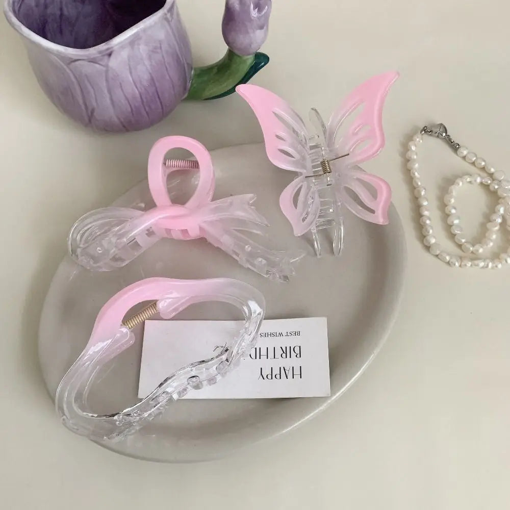 Fashion Pink Gradient Hair Clip Butterfly Bow Shark Clip for Women