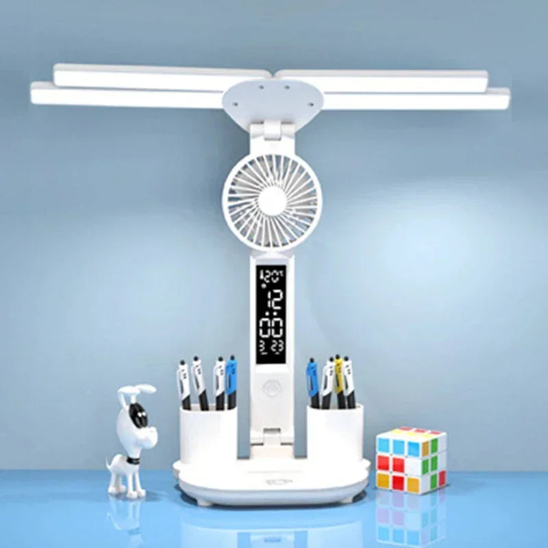 Multifunctional 3 Color LED Desk Lamp with Clock Fan and USB Charging Four Headed Folding Design