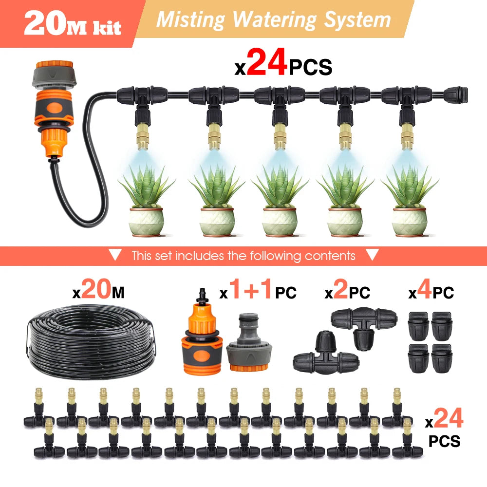Garden Misting Irrigation Kit 10/20/30M 1/4 Inch Hose with Brass Nozzle for Balcony Greenhouse and Lawn Cooling