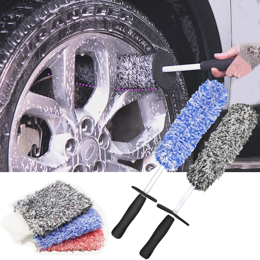 Car Wash Brush Microfiber Wheel Cleaning Gloves Non-Slip Handle