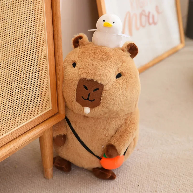 Strawberry Hat Capybara Plush Toy with Turtle Backpack Pendant