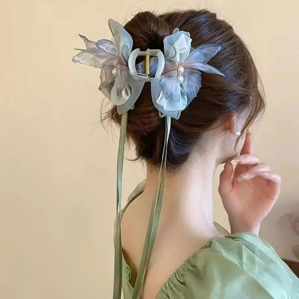 Fashion Mesh Butterfly Hair Claw Ribbon Bowknot Shark Clip Women