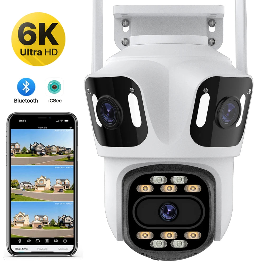 Three Lens 6K HD Outdoor PTZ IP Camera with Auto Tracking and WiFi Dual Lens Wireless CCTV Security System
