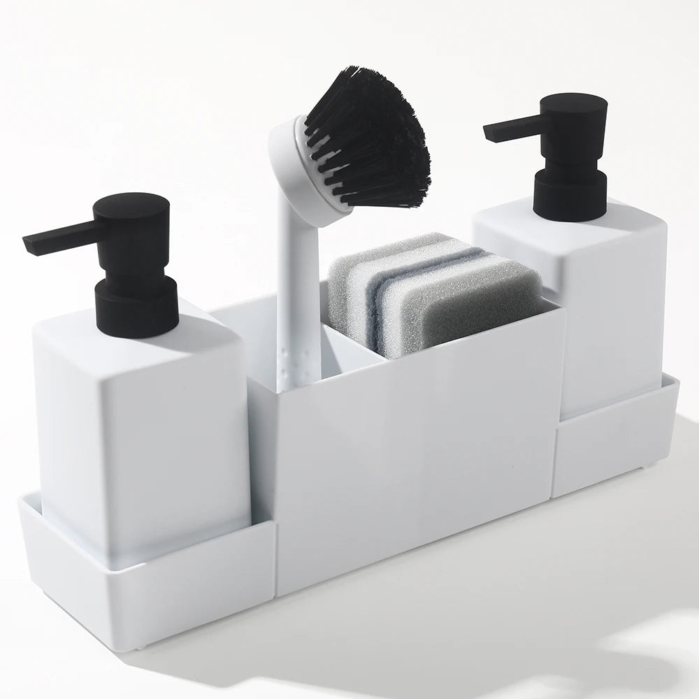 Matte Black Kitchen Soap Dispenser and Sponge Holder Set for Sink Caddy with Hand Soap and Dish Soap Storage