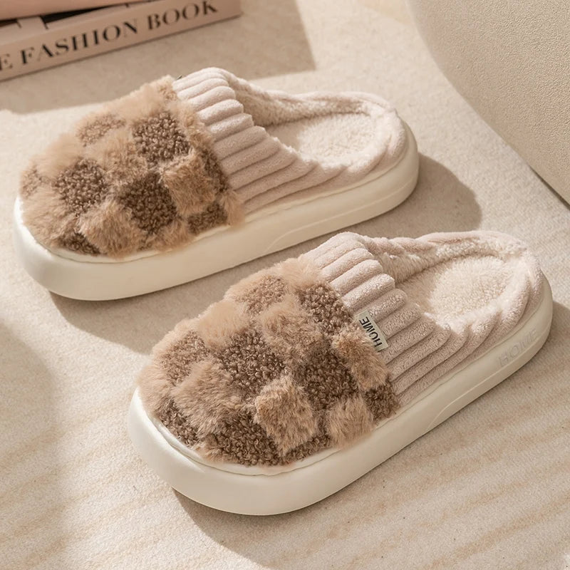 Fashion Couple Winter Toe Wrap Warm Plaid Cotton Slippers