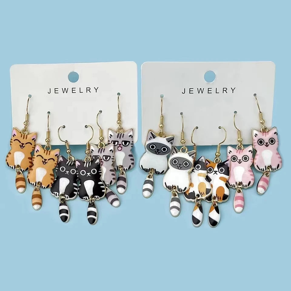 3 Pairs Fun Cute Enamel Alloy Cat Dangle Earrings Set Gift