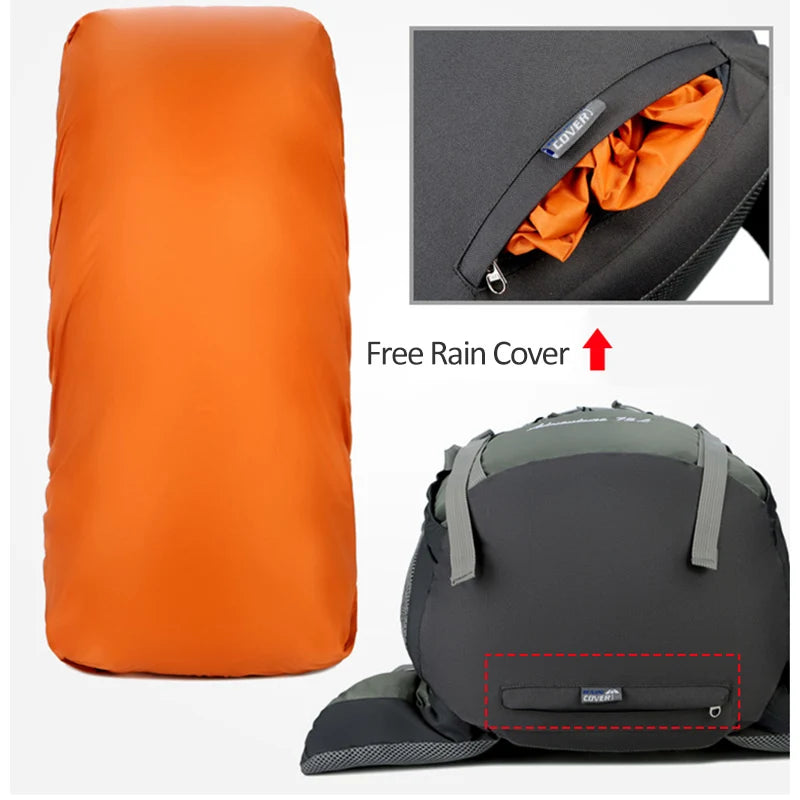 75L Camping Backpack Travel Sport Bag With Rain Cover Men
