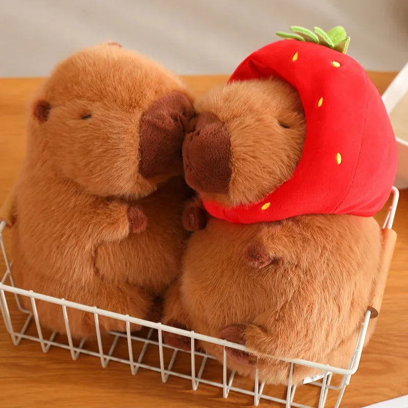 Strawberry Hat Capybara Plush Toy with Turtle Backpack Pendant