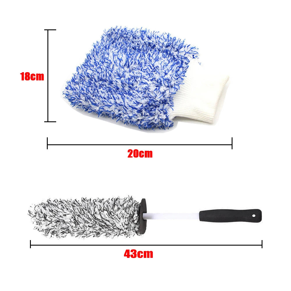 Car Wash Brush Microfiber Wheel Cleaning Gloves Non-Slip Handle