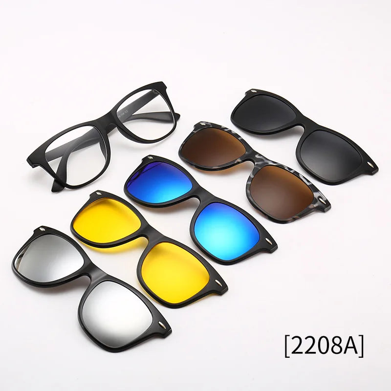 6 In 1 Spectacle Frame Men Women with Clip On Polarized Sunglasses