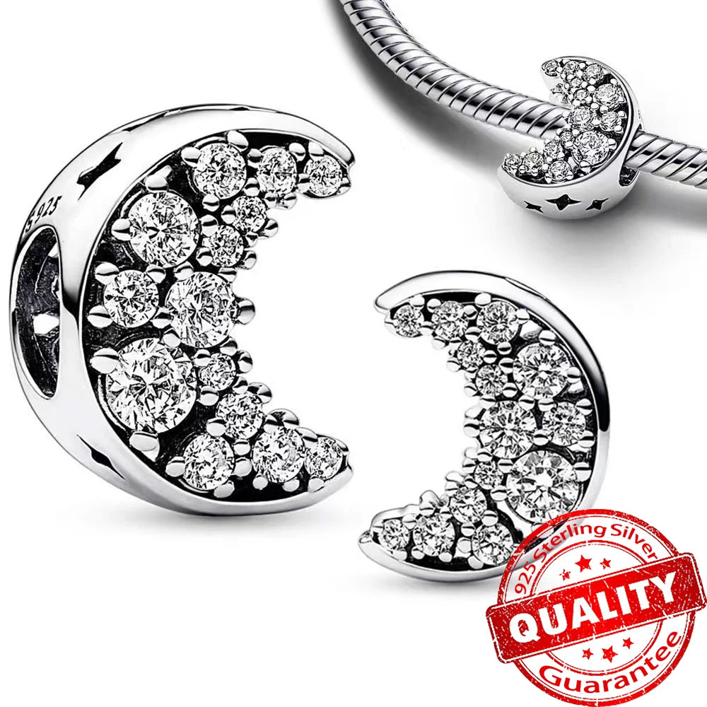 Authentic 925 Sterling Silver Charm Sparkling Star Moon Sun Pendant Jewelry Gift