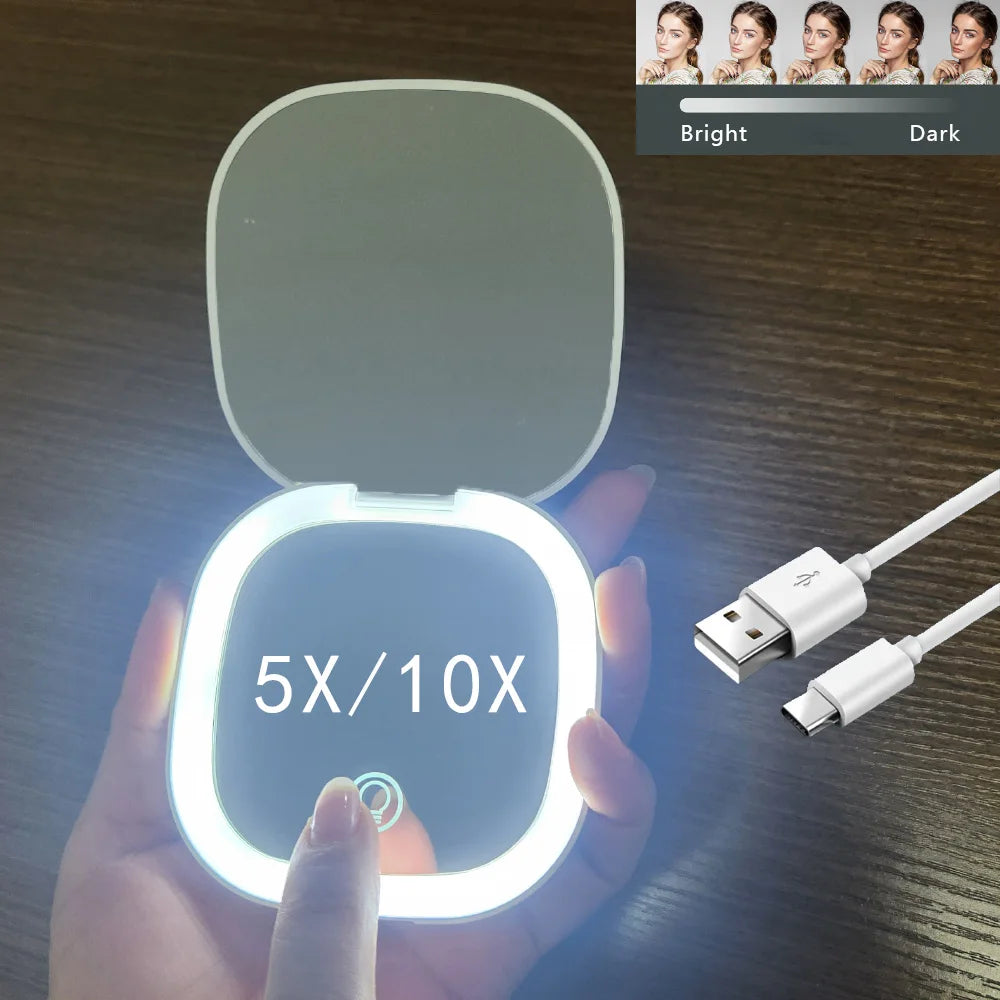 Mini Compact Foldable LED Makeup Mirror with 5x and 10x Magnification Rechargeable and Travel Friendly