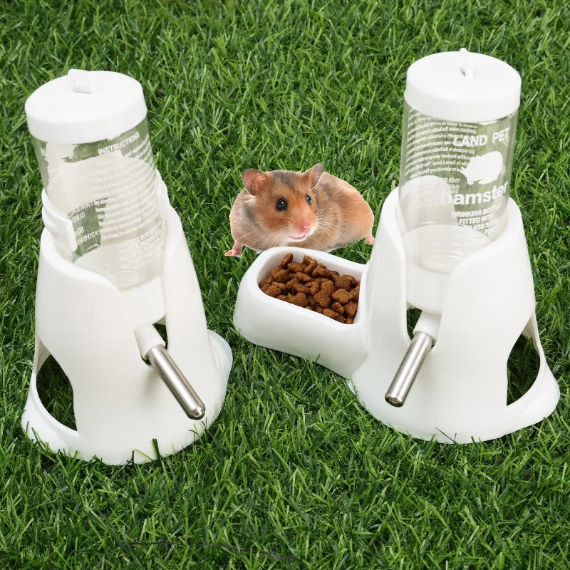 Small Animal Plastic Water Bottle with Stand Holder Drip-proof Pet Water Bottle with Food Bowl for Hamster Guinea Pig Rabbit