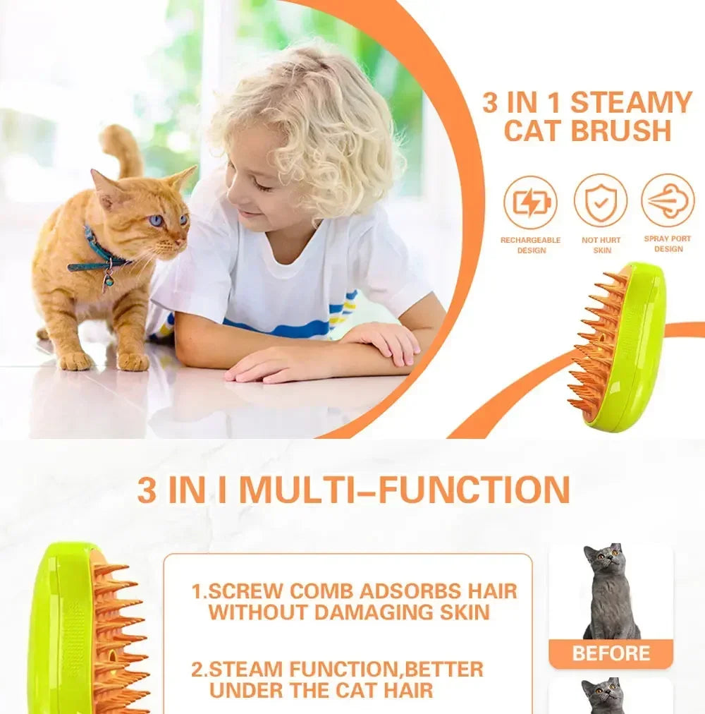 Dog Cat Steamy Brush Electric Sprayer 3 in 1 Grooming Tool