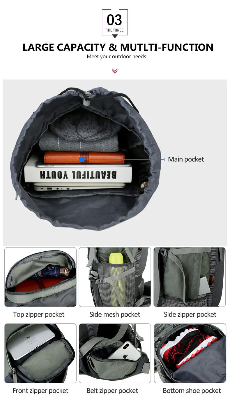 75L Camping Backpack Travel Sport Bag With Rain Cover Men