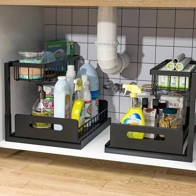 2 Tier Under Sink Organizers with Sliding Drawer for Bathroom and Kitchen Storage