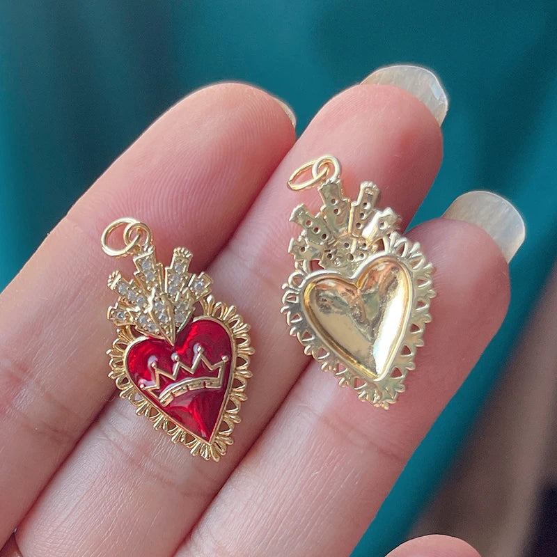 New Sacred Red Heart Charm Pendant 18K Gold Plated Zircon