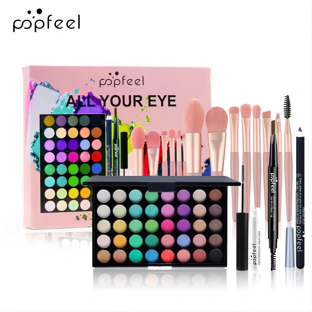 Popfeel All in One Makeup Kit Gift Set with Eyeshadow Palette Foundation Lip Gloss Blush Brushes and Eyeliner Essential Beauty Collection