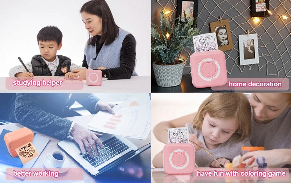 Portable Mini Thermal Printer Wirelessly BT 203dpi Photo Label Memo Printing with USB Cable