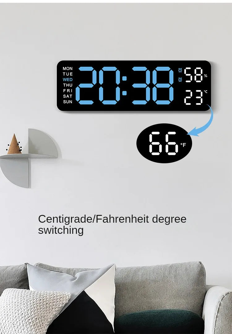 Large Digital Wall Clock with Temperature and Humidity Display Adjustable Brightness LED Alarm Clock 12/24 Hour Format