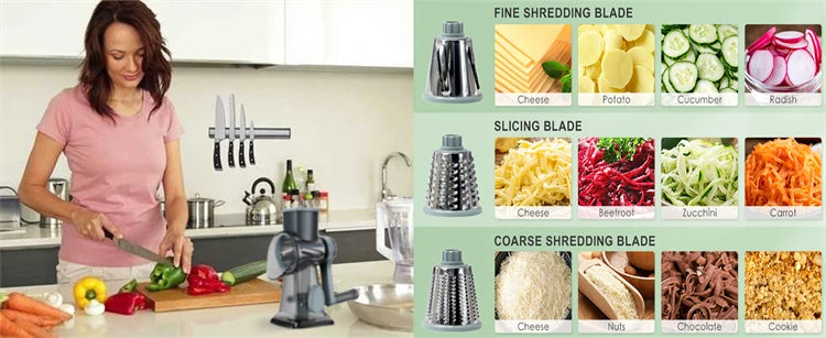 3 in 1 Manual Rotary Cheese Grater and Vegetable Slicer for Nut Grinding and Cheese Shredding