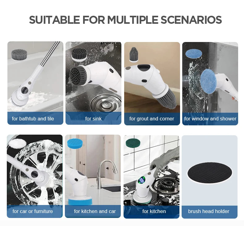 8 in 1 Electric Cleaning Brush with LED Night Light Rotatable Multifunctional Household Tool for Bathroom and Kitchen Cleaning