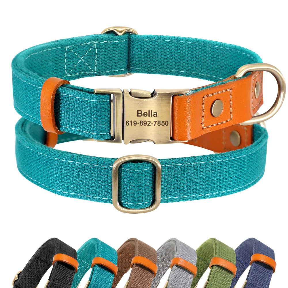 Nylon Custom Dog Collar and Leash Set with Personalized Genuine Leather Nameplate ID Tag for Puppies
