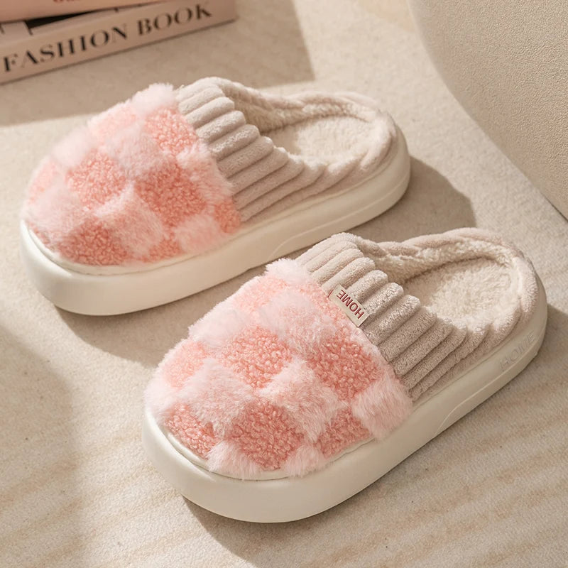 Fashion Couple Winter Toe Wrap Warm Plaid Cotton Slippers