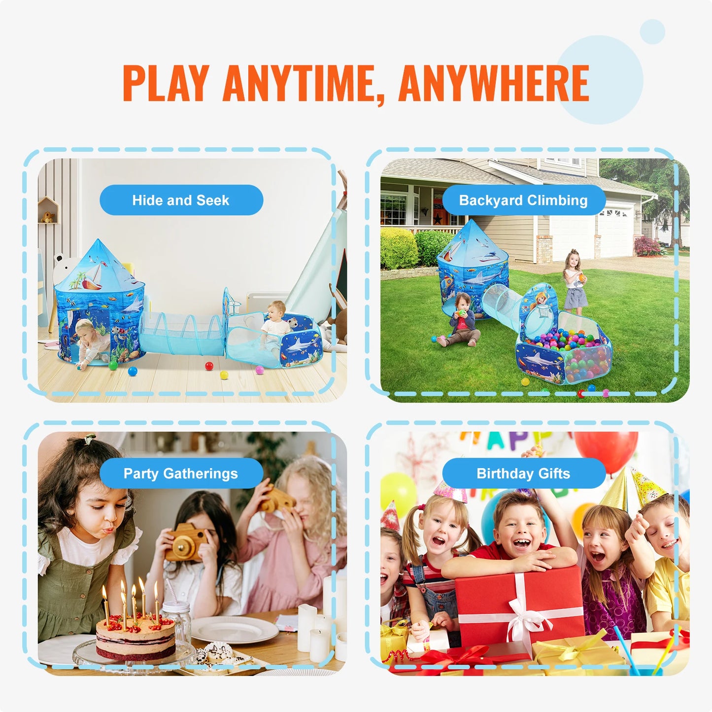 VEVOR 3 in 1 Kids Play Tent with Tunnel and Basketball Hoop