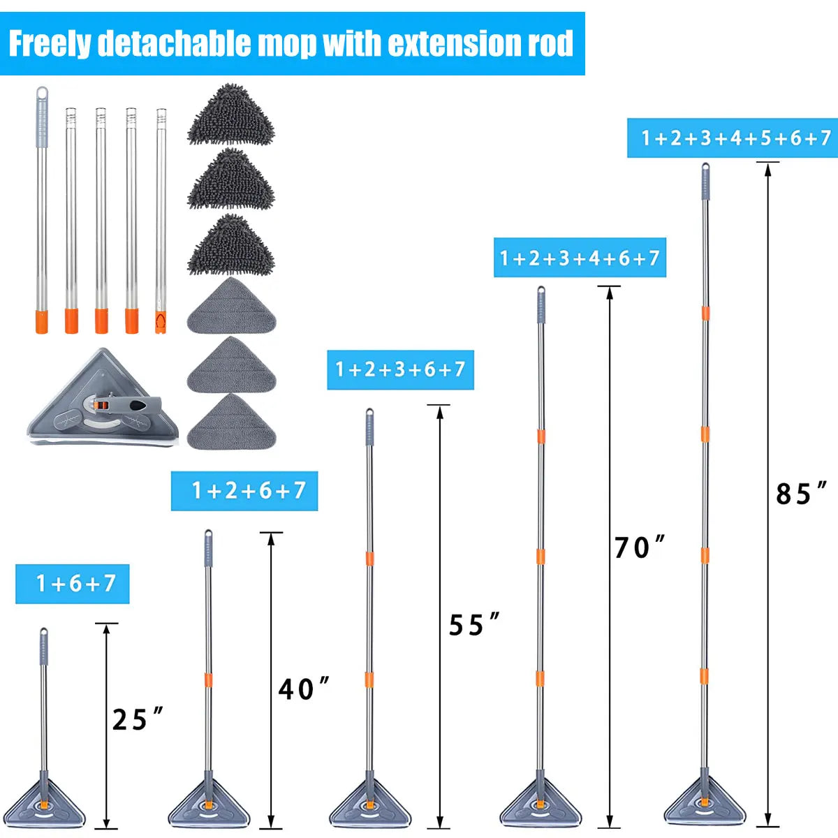 360 Degree Rotating Triangle Microfiber Wall Mop with Long Handle Adjustable Dry and Wet Cleaning Mop for Efficient Floor Dusting