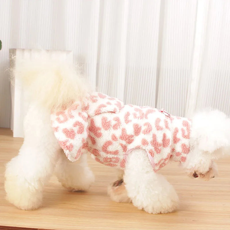 Leopard Dog Dress Coat Winter Fleece Pullover Sweatshirt Pet Clothes Sleeveless Vest Hoodies Puppy Skirt For Small Dogs Chiwawa