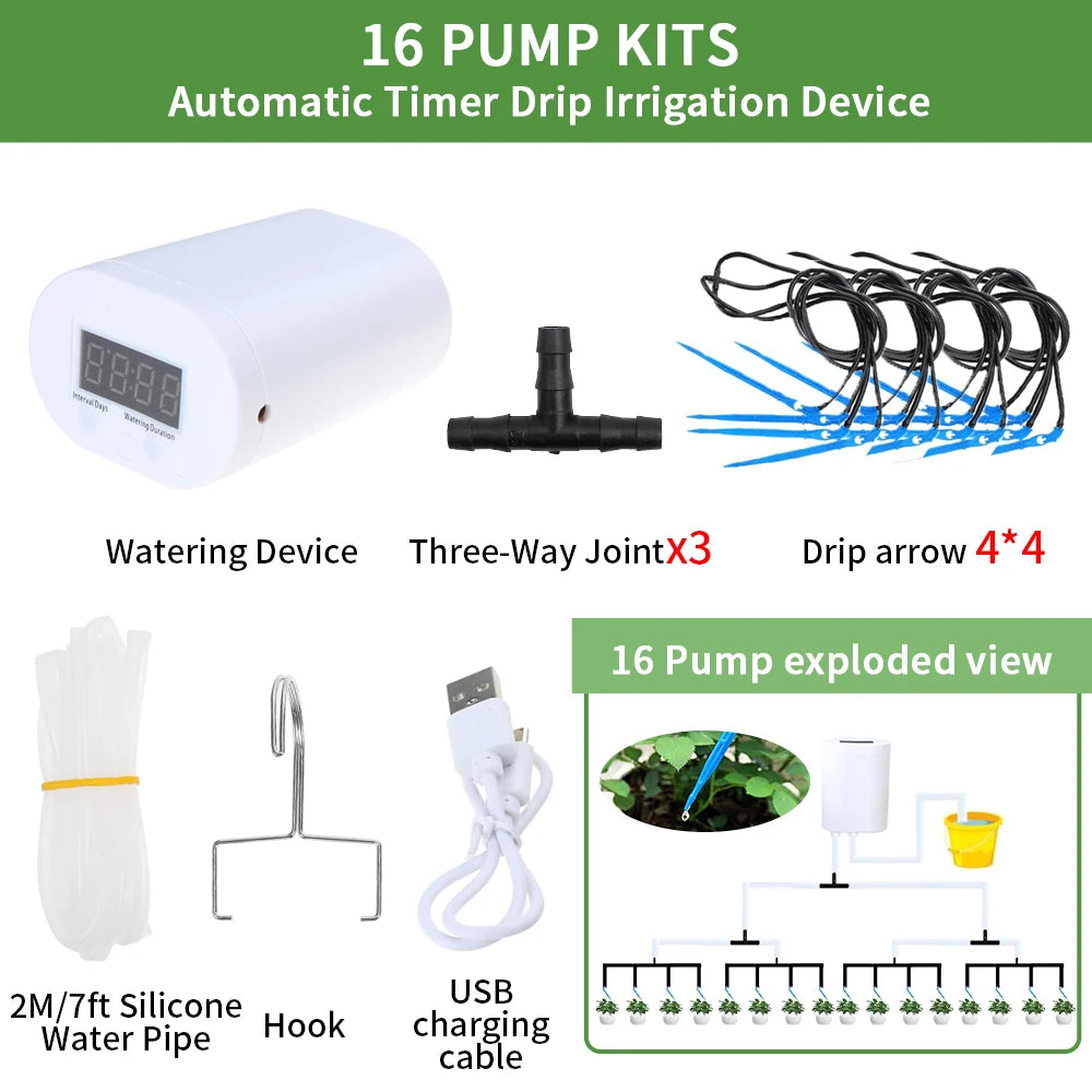 Automatic Plant Watering System with Timer Drip Irrigation Pump for Home Garden 2 to 16 Heads