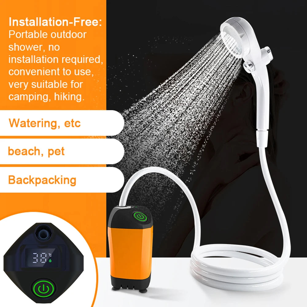 Outdoor Camping Shower IPX7 Waterproof Orange with Digital Display Portable Electric Shower Pump