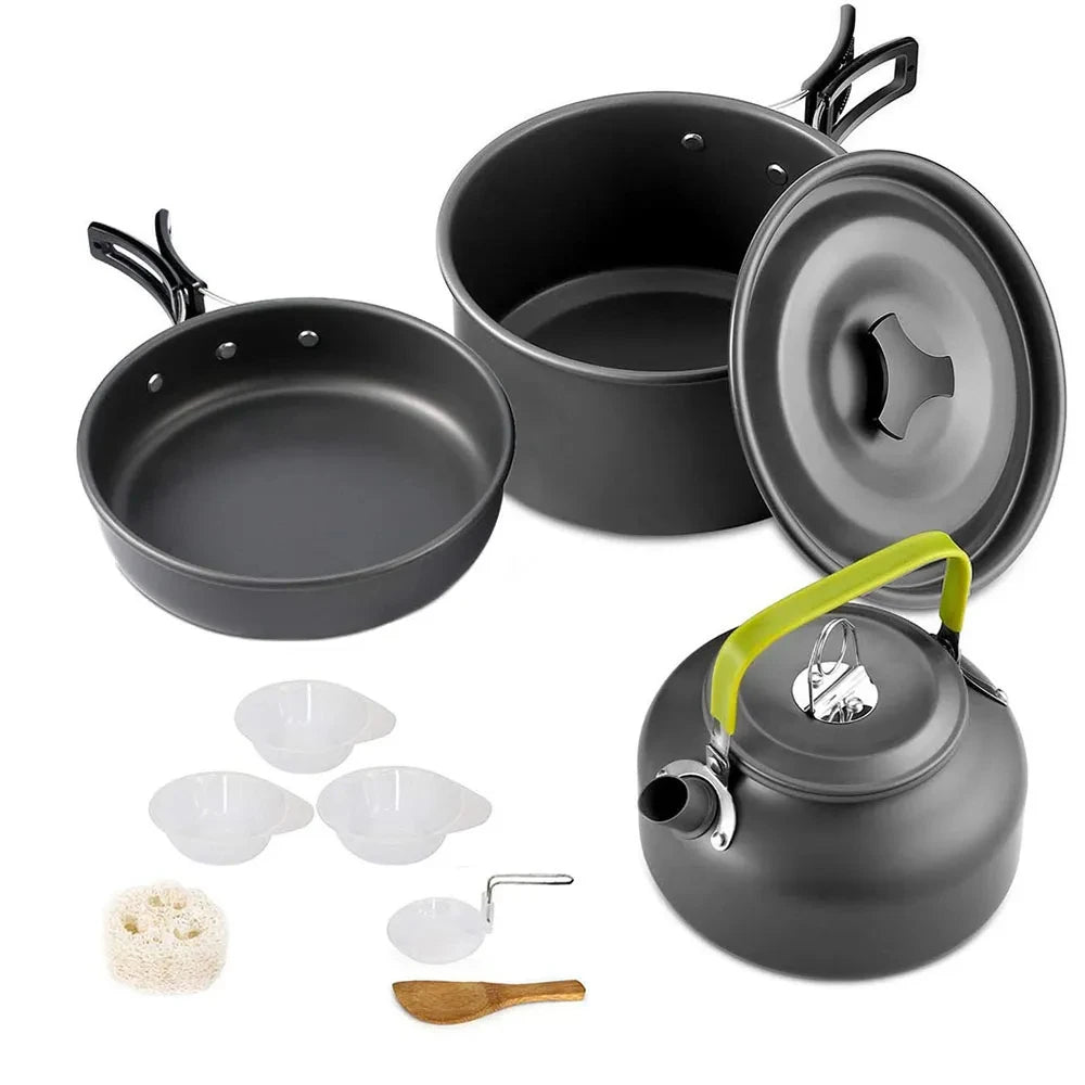 Camping Cookware Set for 2 to 3 People with Non-Stick Pots and Teapot Kit